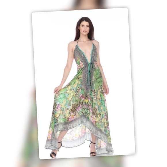 NEW Vaid Garden Floral Luxury Crystal Halter Maxi Dress - Picture 2 of 9